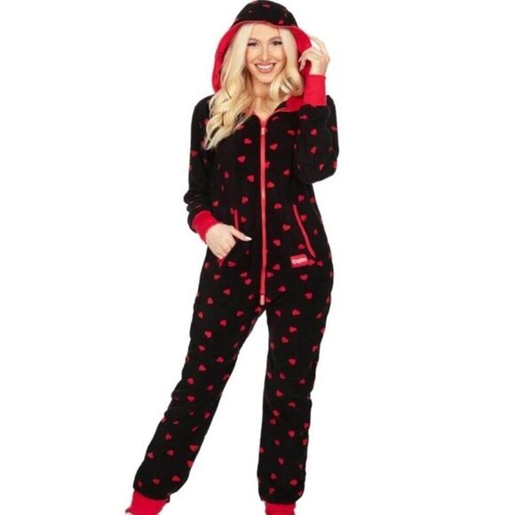 Tipsy Elves Ladies XL Hearts on Fire Hooded Zip Fleece Pajama Jumpsuit New - Picture 1 of 5